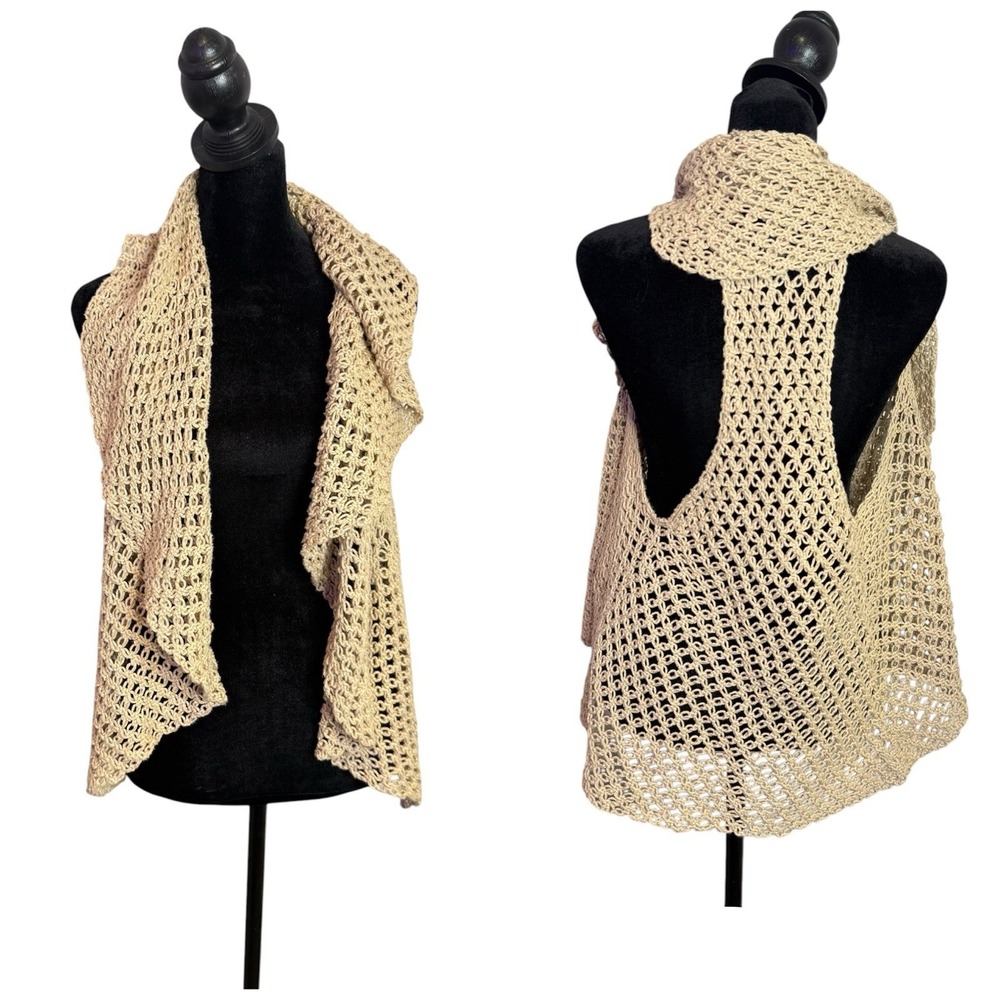 BOHO Crochet Open Knit Fishnet Vest Waterfall Wrap Draped‎ Festival Cardigan M/L